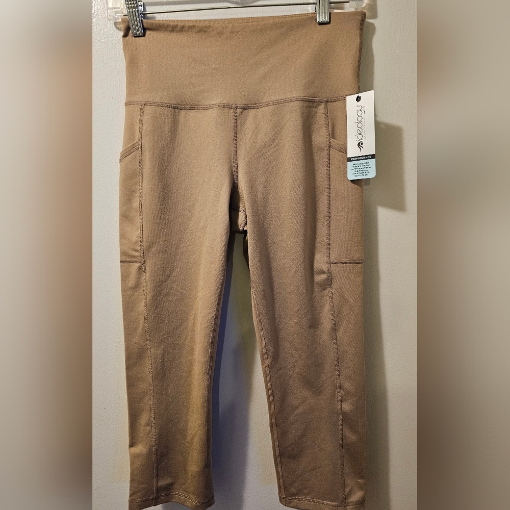 Ideology Women's High-Rise Side-Pocket‎ Cropped Leggings Tan Size Small NWT